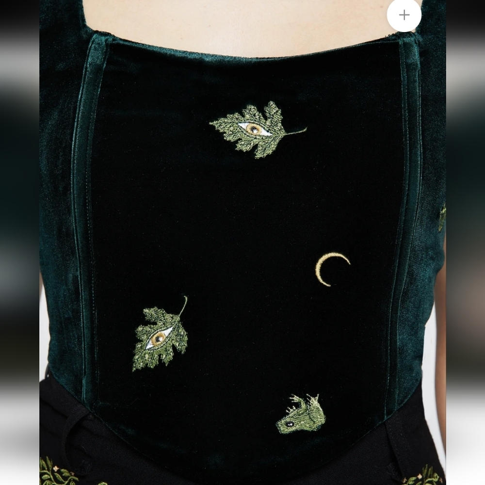 Disturbia Swamplife Frog Embroidered Velour Puff Sleeve Corset Top Dark Green - Picture 4 of 5